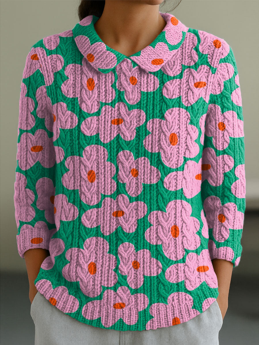 womens-vintage-floral-art-print-casual-peter-pan-collar-3-4-sleeve-sweater-g23c