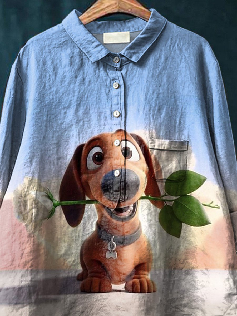 Cartoon Dachshund Dog Graphic Printed Women's Casual Cotton And Linen Shirt