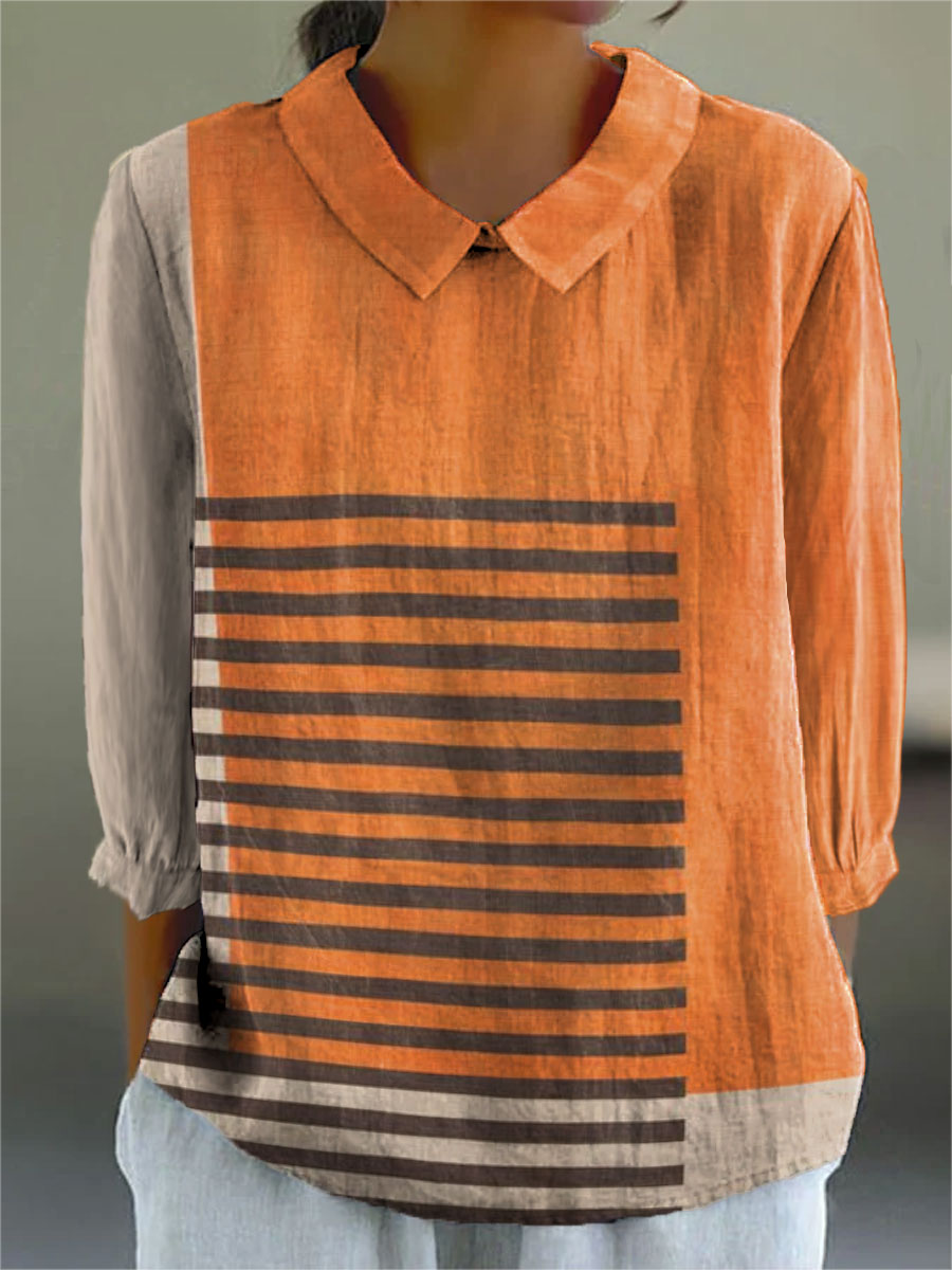 Women's Geometry Colors Abstract Art Print Casual Cotton And Linen 3/4 Sleeve Shirt