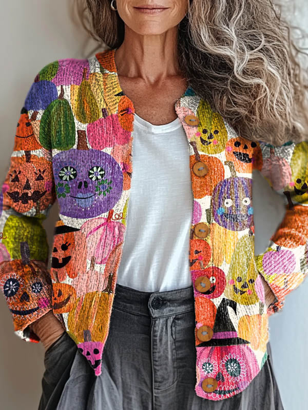 womens-halloween-pumpkin-art-print-buttoned-cardigan-sweater