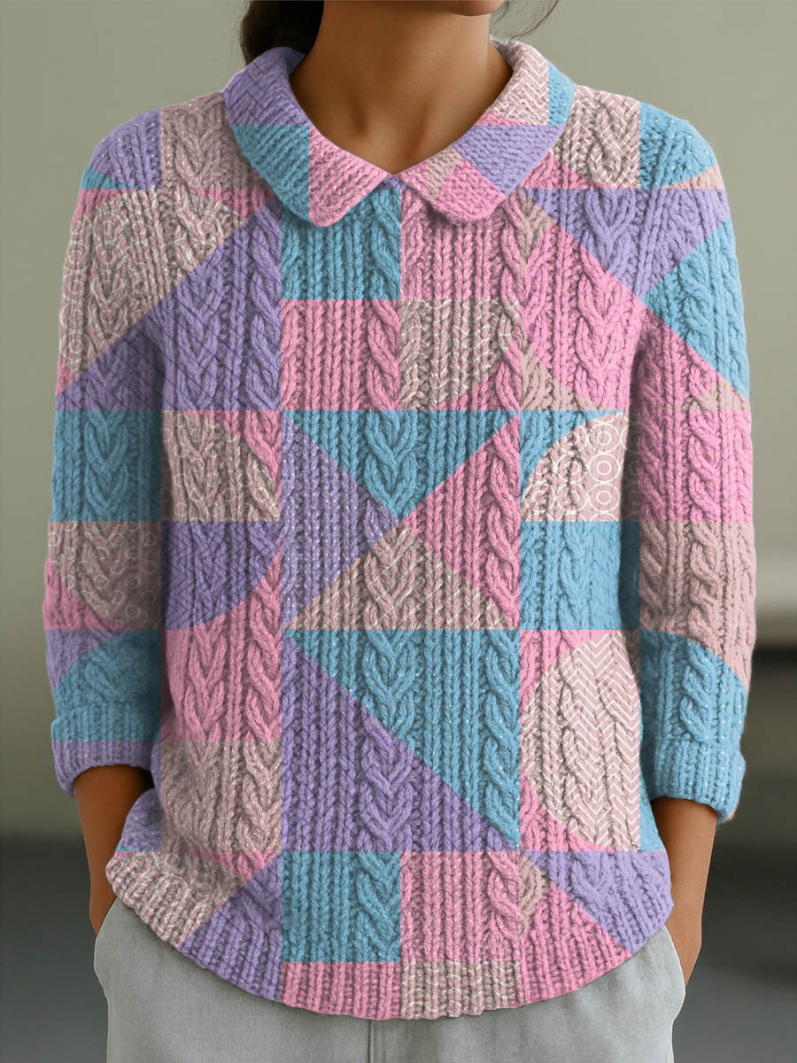 womens-geometric-pattern-art-print-casual-peter-pan-collar-3-4-sleeve-sweater-ok6f