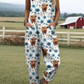 Women's Highland Cow Floral Print Casual Cotton Wide Leg Jumpsuit