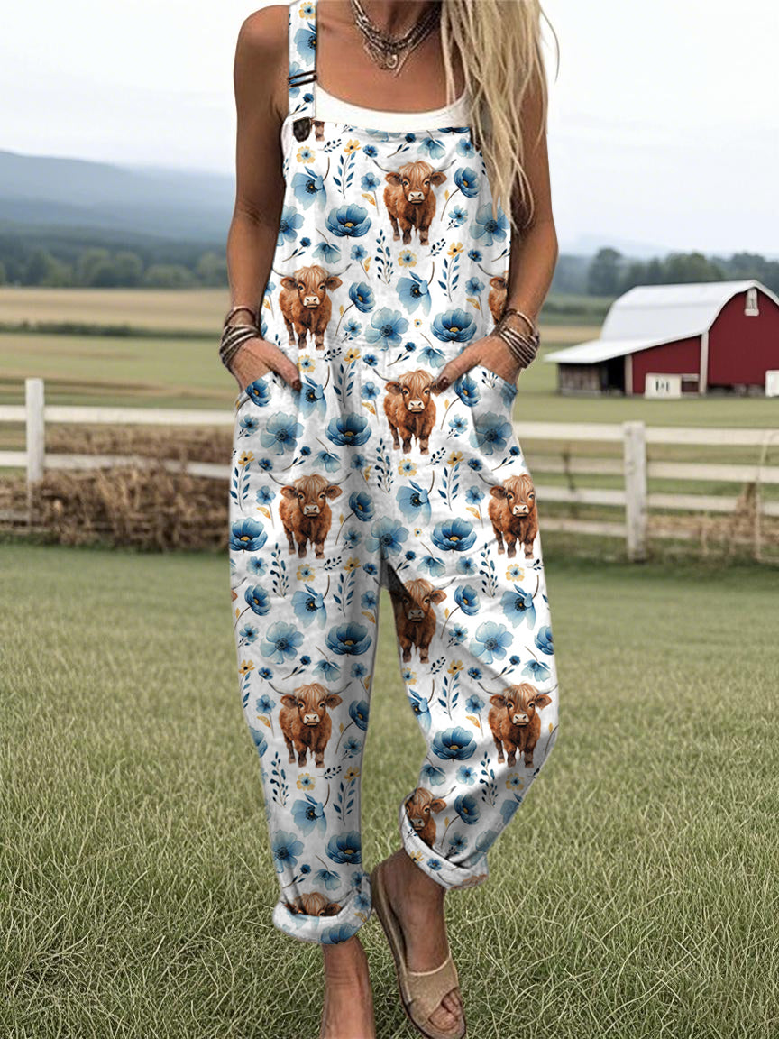 Women's Highland Cow Floral Print Casual Cotton Wide Leg Jumpsuit