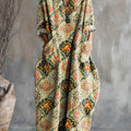 Women's Vintage Floral Art Pattern Print Pocket V-neck Cotton Dress