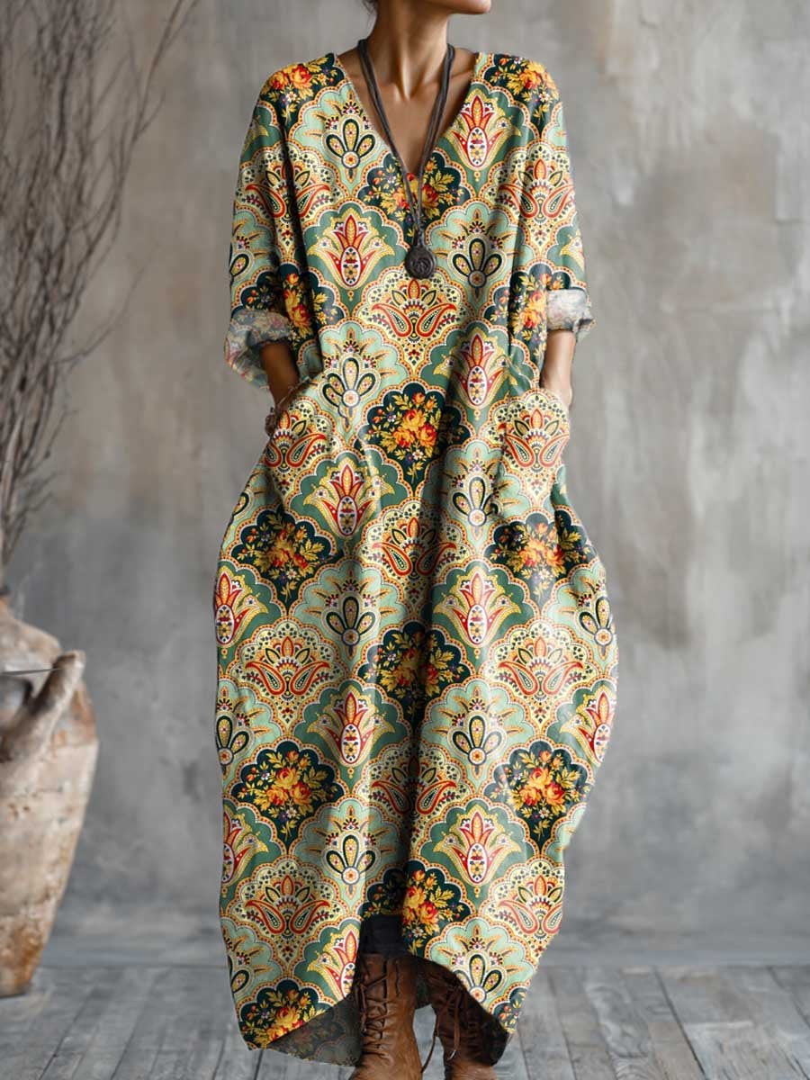 Women's Vintage Floral Art Pattern Print Pocket V-neck Cotton Dress