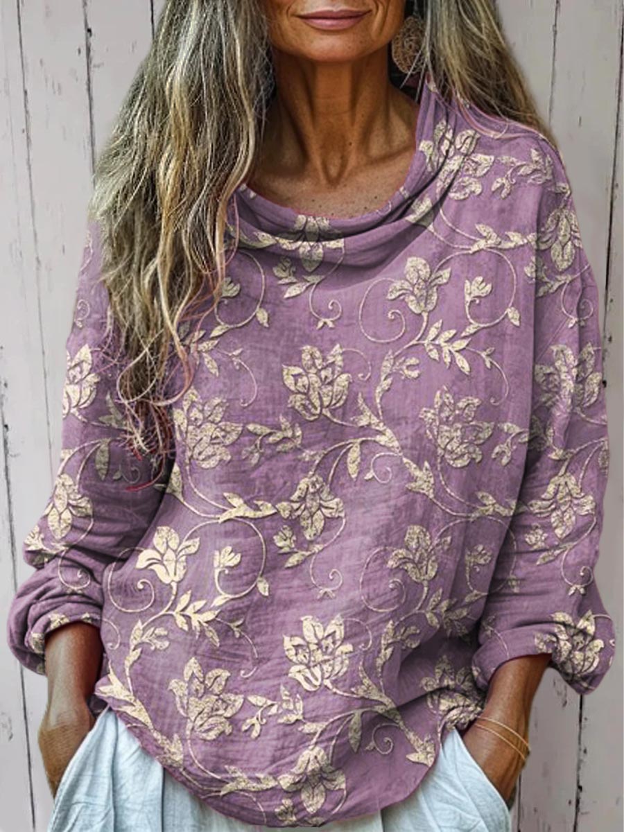 Women's Vintage Floral Art Print Casual Long Sleeve Comfortable Cotton Shirt