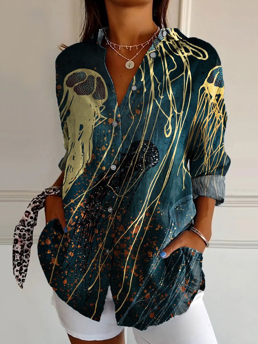 Women's Vintage Deep Sea Jellyfish Art Print Casual Cotton Shirt