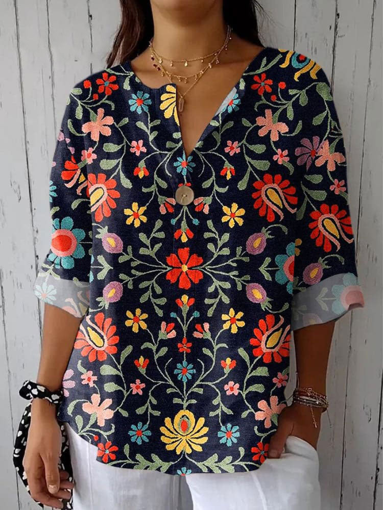 Women's Retro Floral  Art Print Casual Cotton Linen Shirt