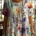 Elegant Floral Decorative Pattern Women's Round Collar Short Sleeve Cotton Shirt