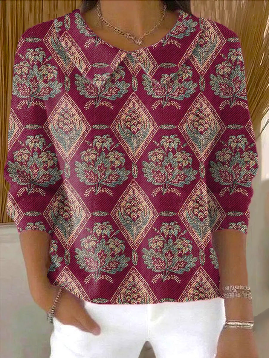 womens-vintage-ethnic-floral-rhombus-geometric-painting-art-print-casual-peter-pan-collar-3-4-sleeve-sweater