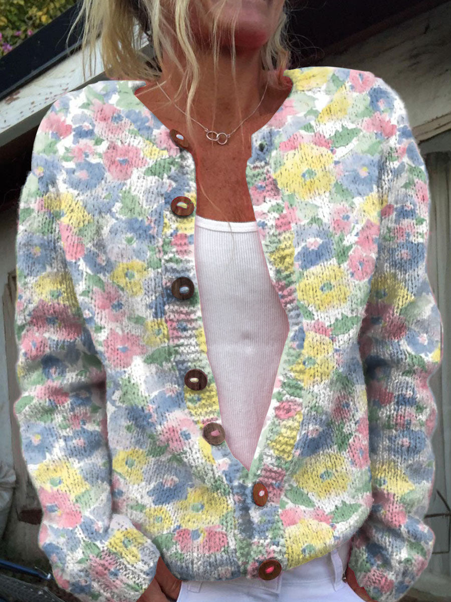 art-creative-watercolour-flower-print-buttoned-cardigan-sweater