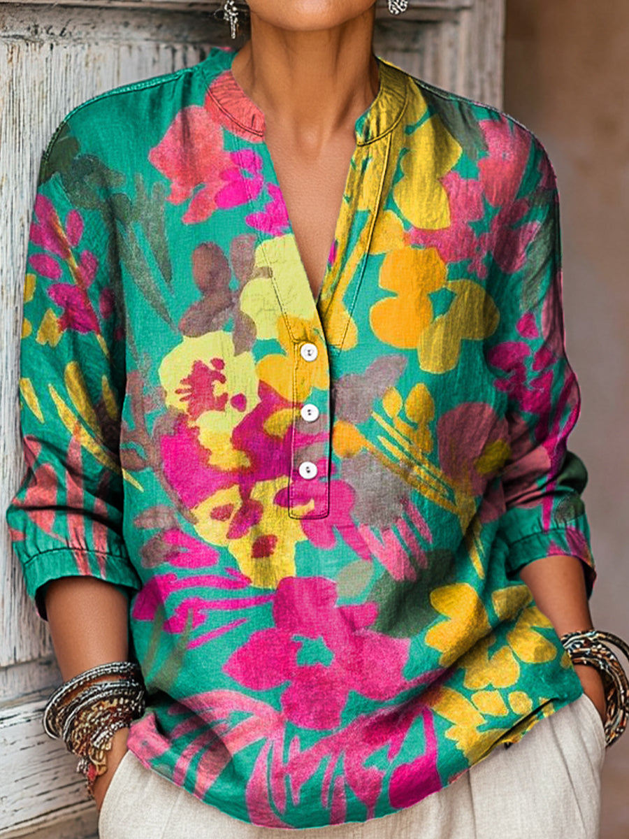 Women's Beautiful Colorful Abstract Floral Painting Art Print Casual Cotton And Linen Shirt