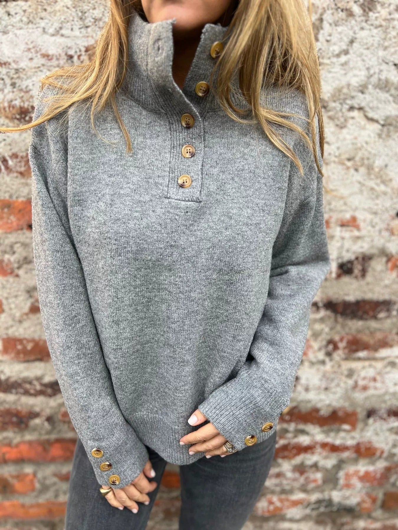 womens-stand-collar-solid-color-button-casual-loose-sweater