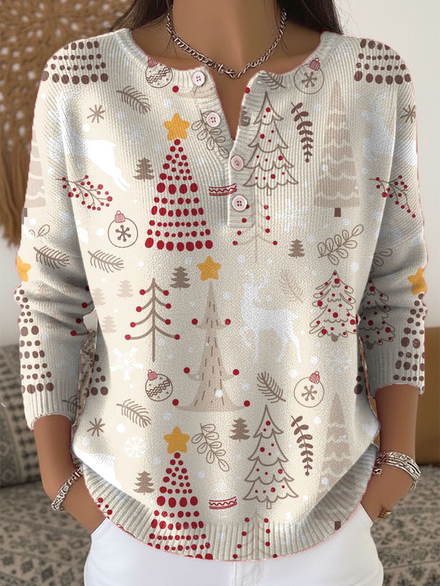 Vintage  Christmas Art Print Buttoned Cardigan Sweater