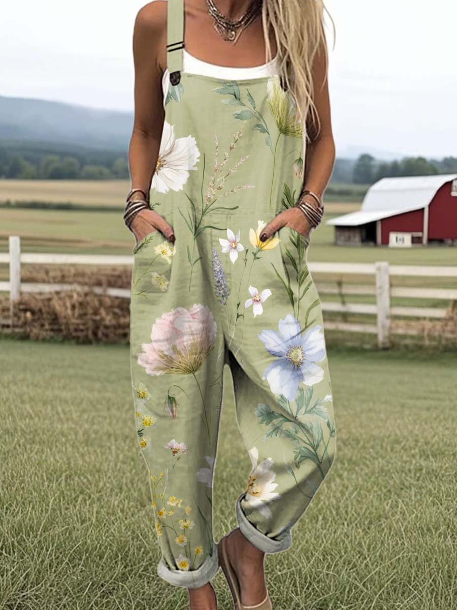 Women's Vintage Floral Art Print Casual 100% Cotton Wide Leg Jumpsuit