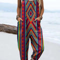 Women's Vintage Geometric Pattern Art Print Casual 100% Cotton Wide Leg Jumpsuit