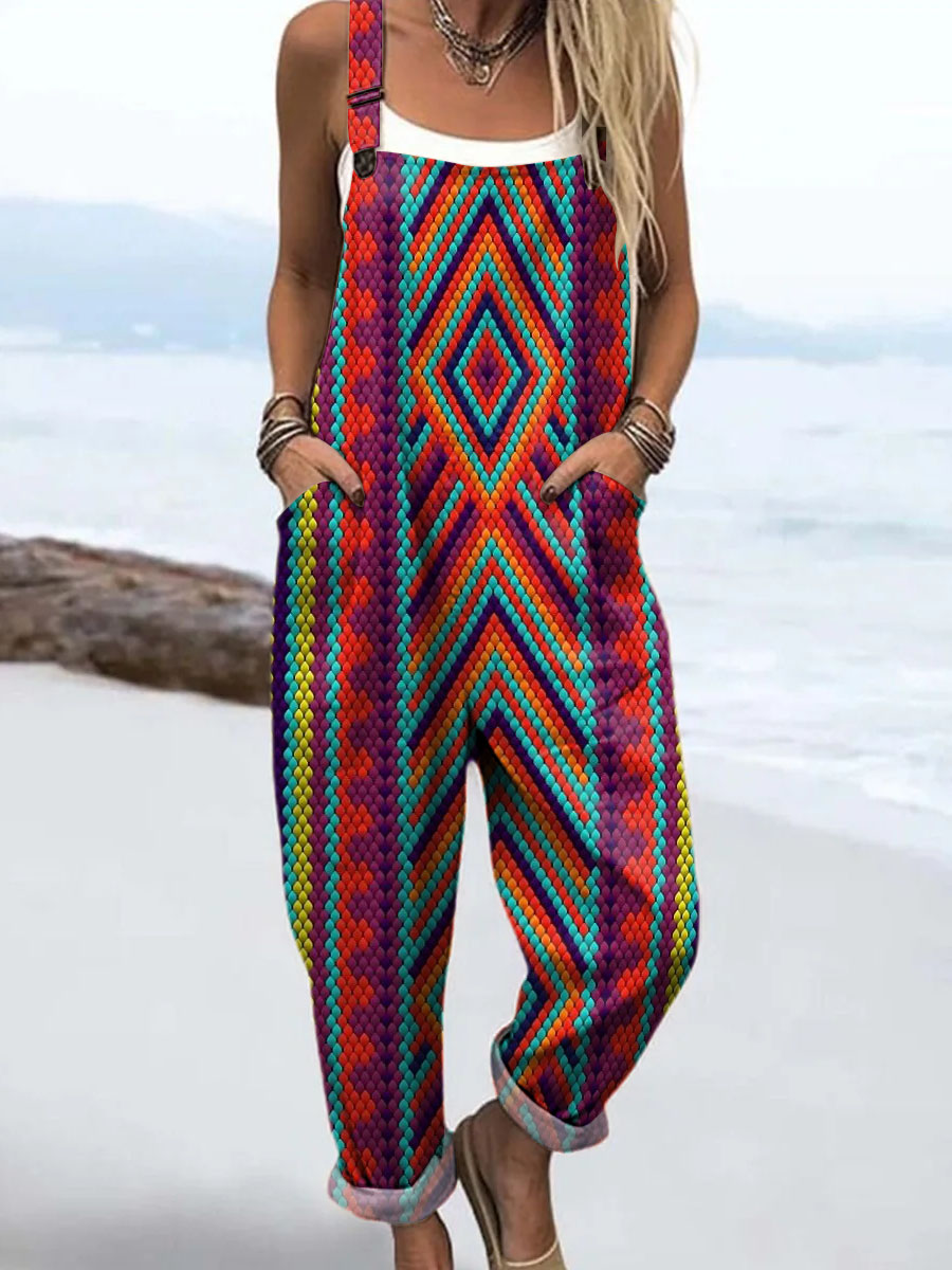 Women's Vintage Geometric Pattern Art Print Casual 100% Cotton Wide Leg Jumpsuit