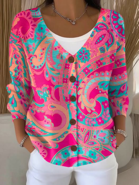 Vintage Cashew Flower Art Print Buttoned V-neck Cardigan Sweater