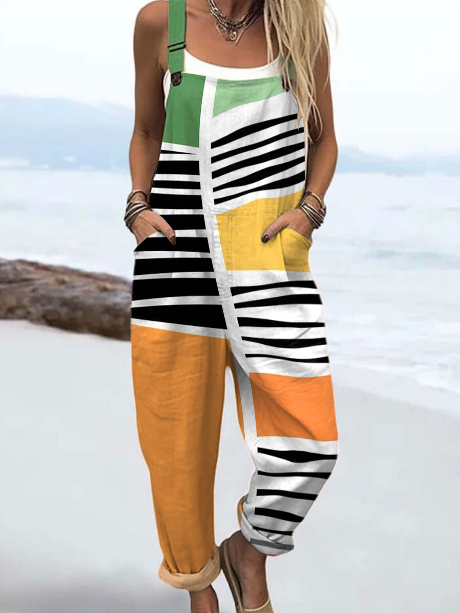 Women's Vintage Abstract Geometric Art Print Casual 100% Cotton Wide Leg Jumpsuit