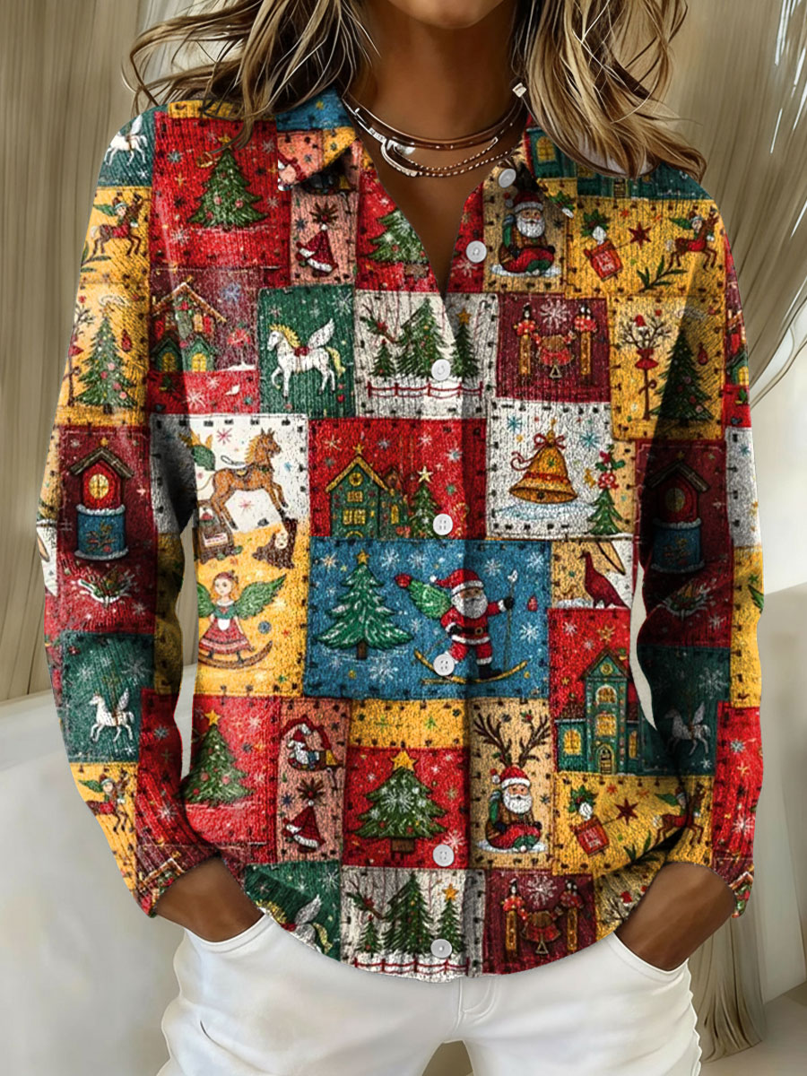 Women's Doodle Preppy Patchwork Vintage Christmas Pattern Print Cowl Neck Sweater