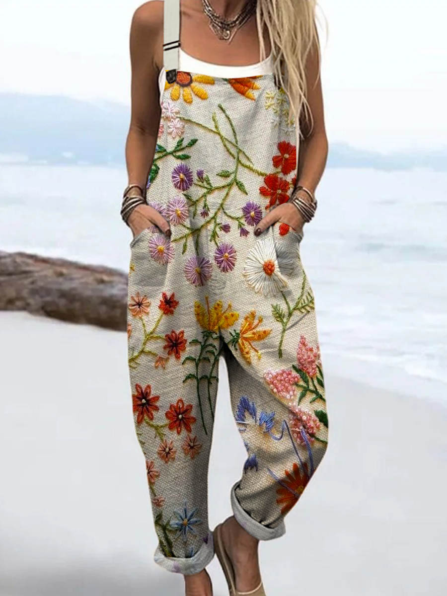 Women's Vintage Floral Pattern Art Print Casual 100% Cotton Wide Leg Jumpsuit