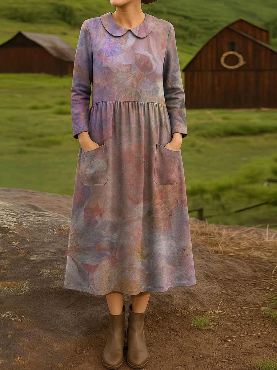 Vintage elegant gradient floral decorative pattern Peter pan Collar Casual Dress