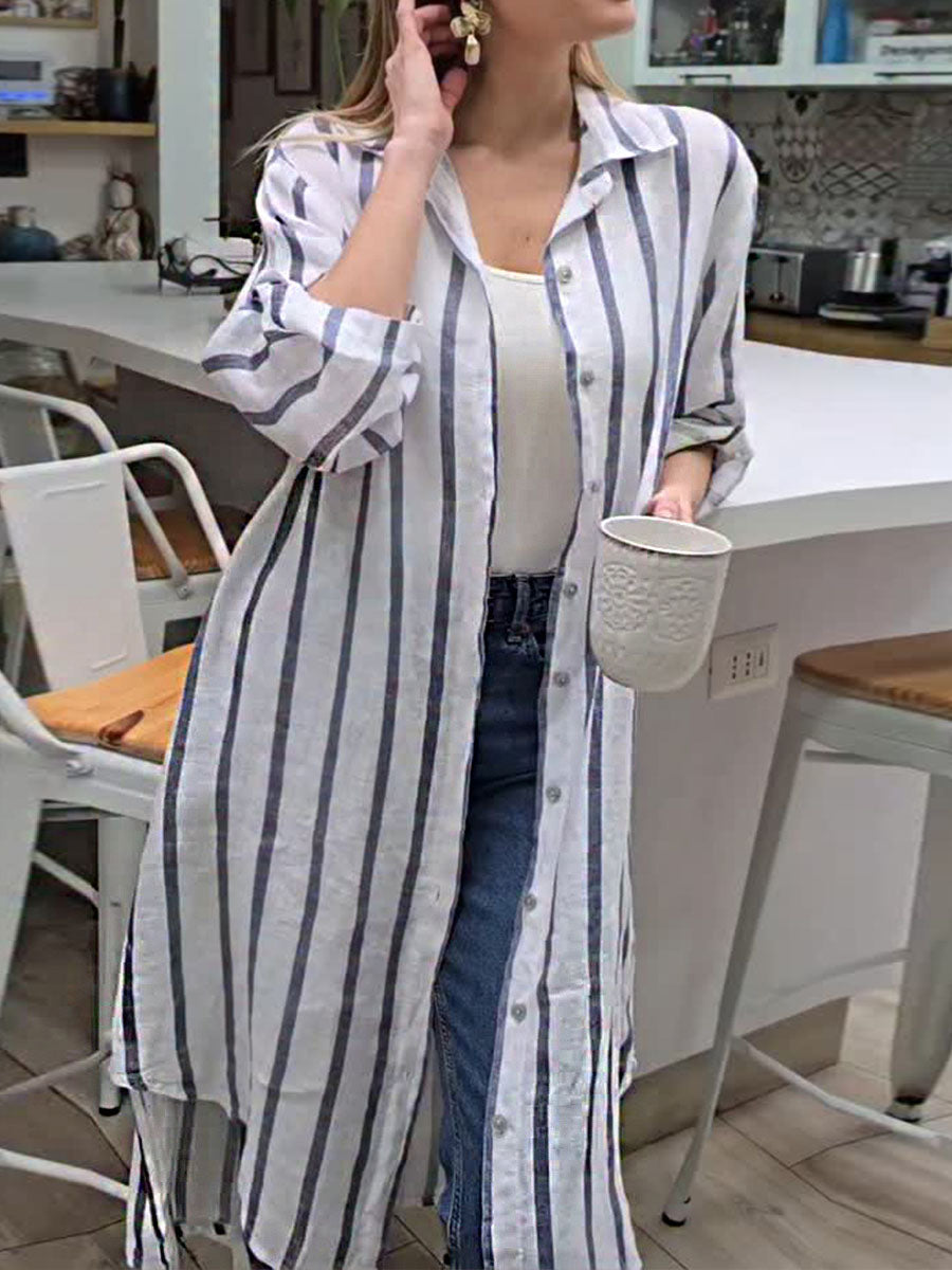 Women's Lapel Long Sleeve Striped Print Casual Cotton and Linen Shirt Dress