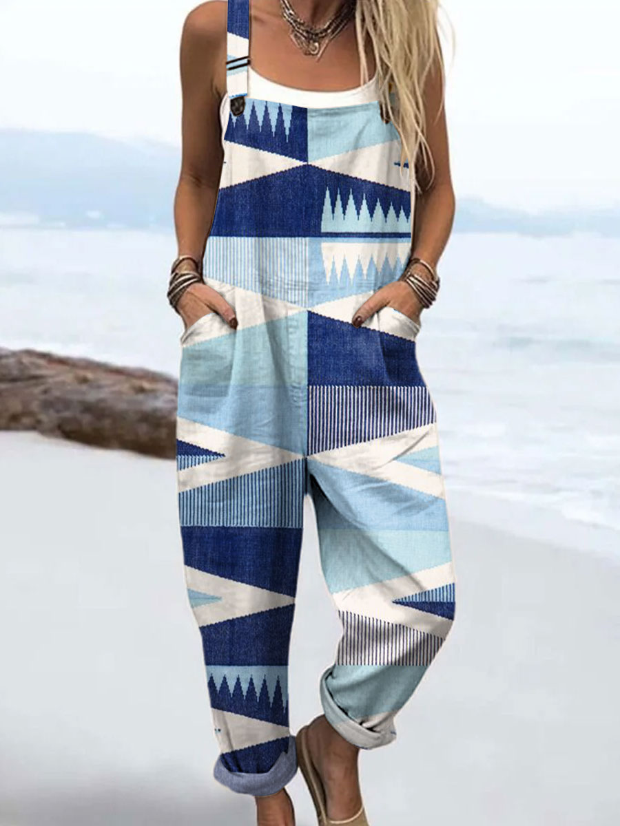 Women's Vintage Color Block Art Print Casual 100% Cotton Wide Leg Jumpsuit