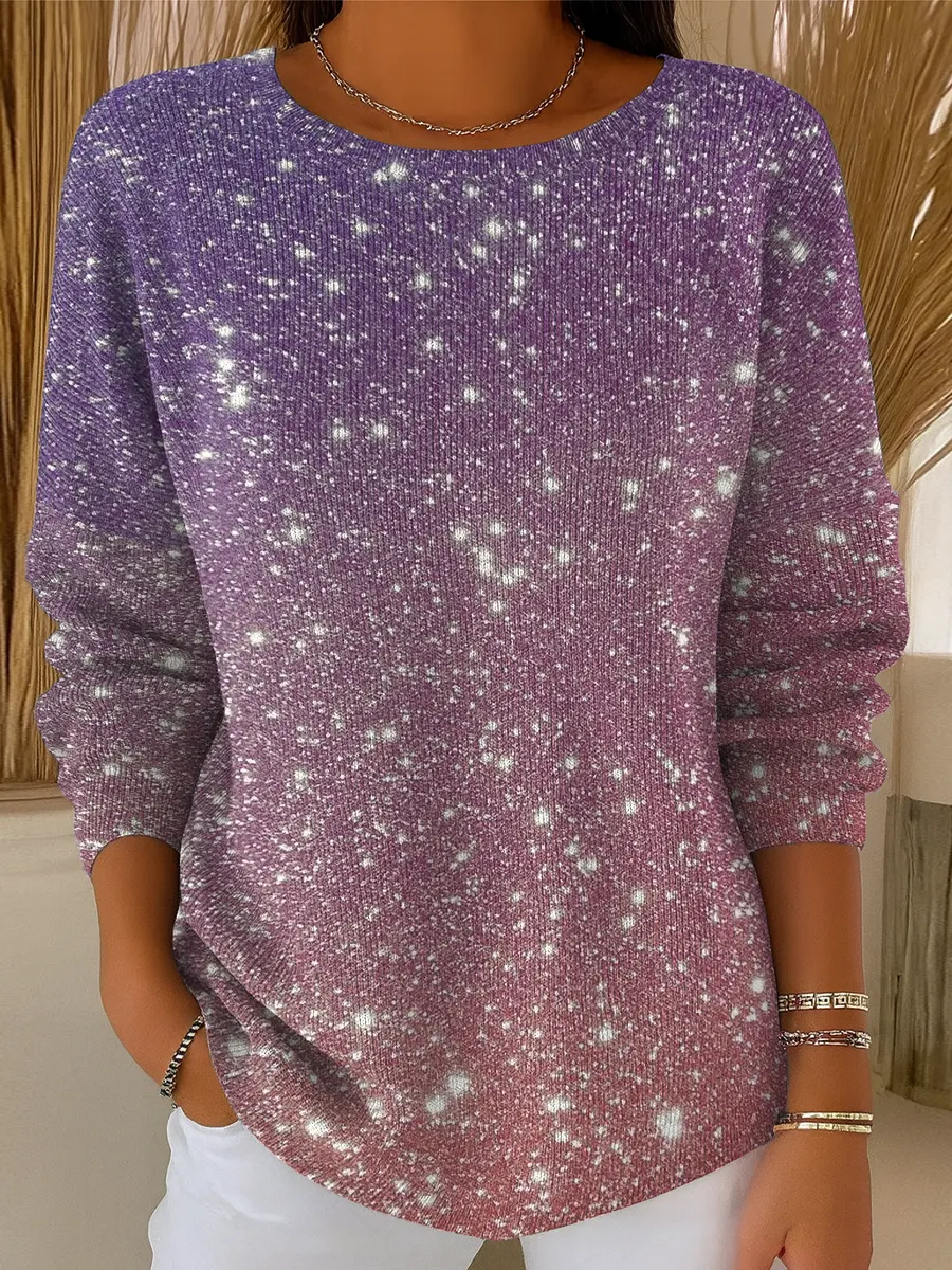 Women's Pink To Purple Gradient Print Casual Pullover Sweater