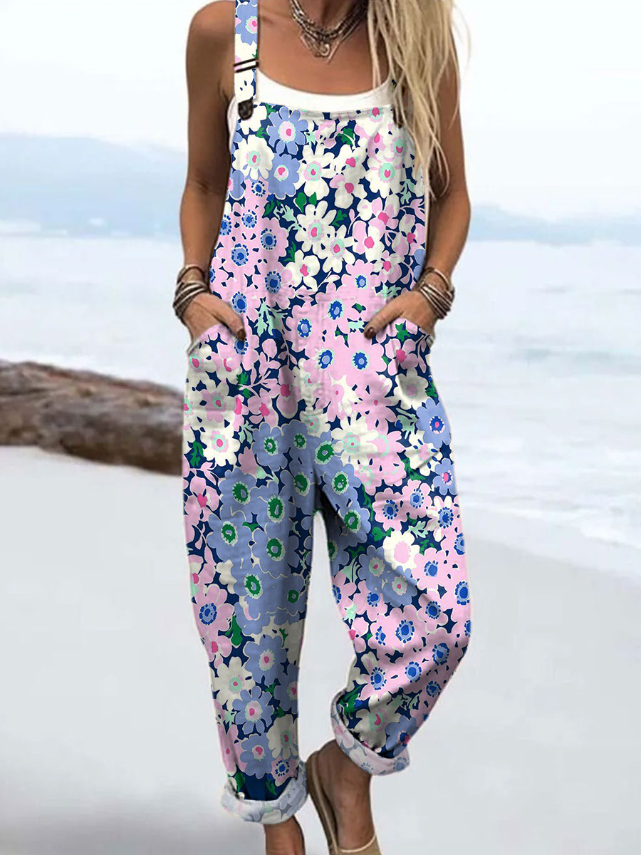 Women's Colorful Flower Art Print Casual 100% Cotton Wide Leg Jumpsuit