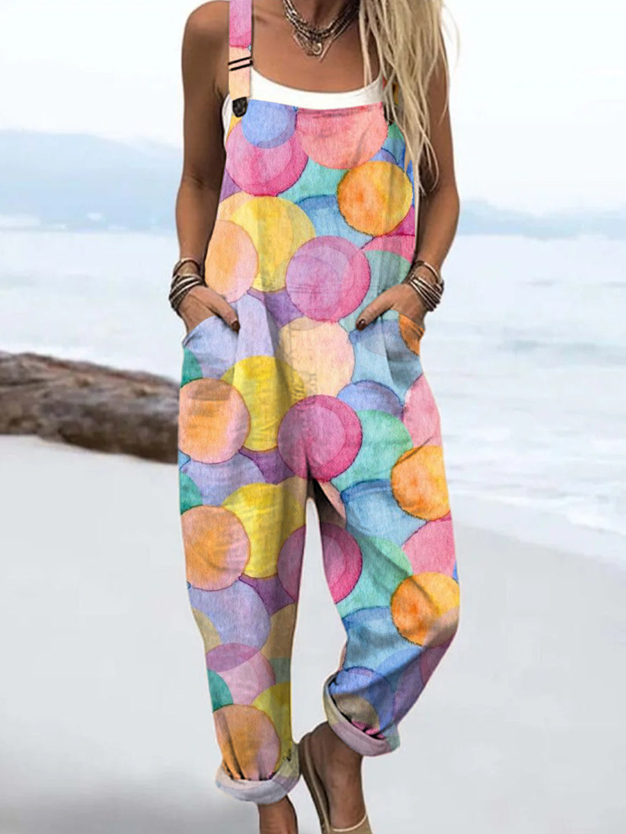 Women's Colourful Art Geometry Print Casual 100% Cotton Wide Leg Jumpsuit