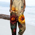 Women's Vintage Flower Art Print Casual 100% Cotton Wide Leg Jumpsuit