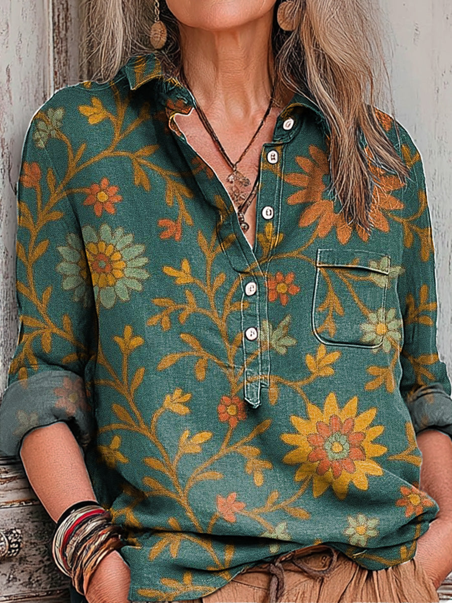 Women's Vintage Floral Pattern Art Print Casual Cotton And Linen Shirt