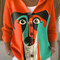 Women's Cute Dog Head Painting Art Print Casual Hooded Button Sweater