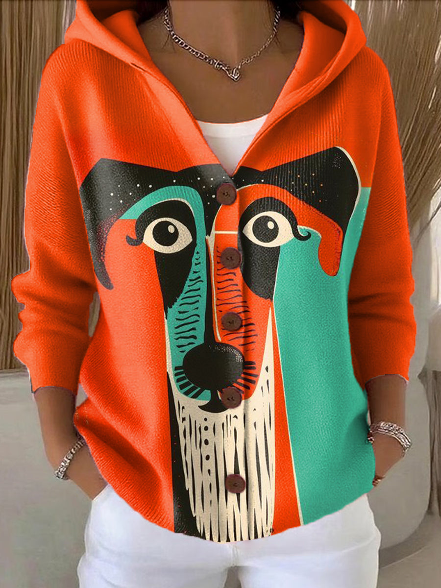 Women's Cute Dog Head Painting Art Print Casual Hooded Button Sweater