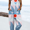 Women's Vintage Abstract Geometric Line Art Print Casual 100% Cotton Wide Leg Jumpsuit