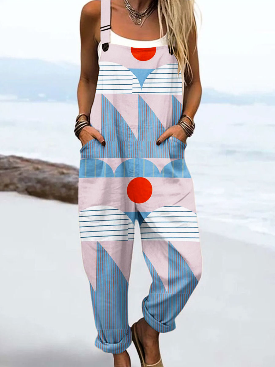Women's Vintage Abstract Geometric Line Art Print Casual 100% Cotton Wide Leg Jumpsuit