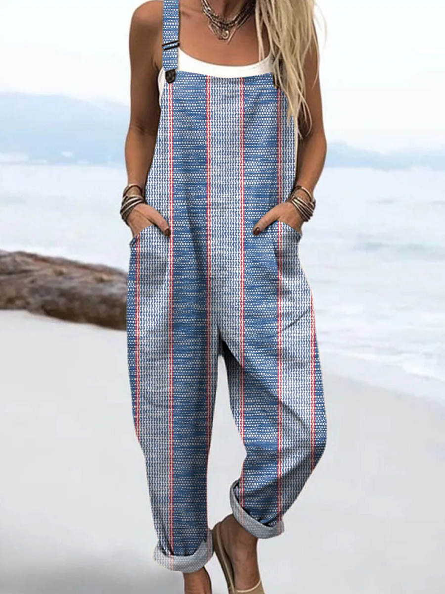 Women's Abstract Geometric Pattern Art Print Casual 100% Cotton Wide Leg Jumpsuit