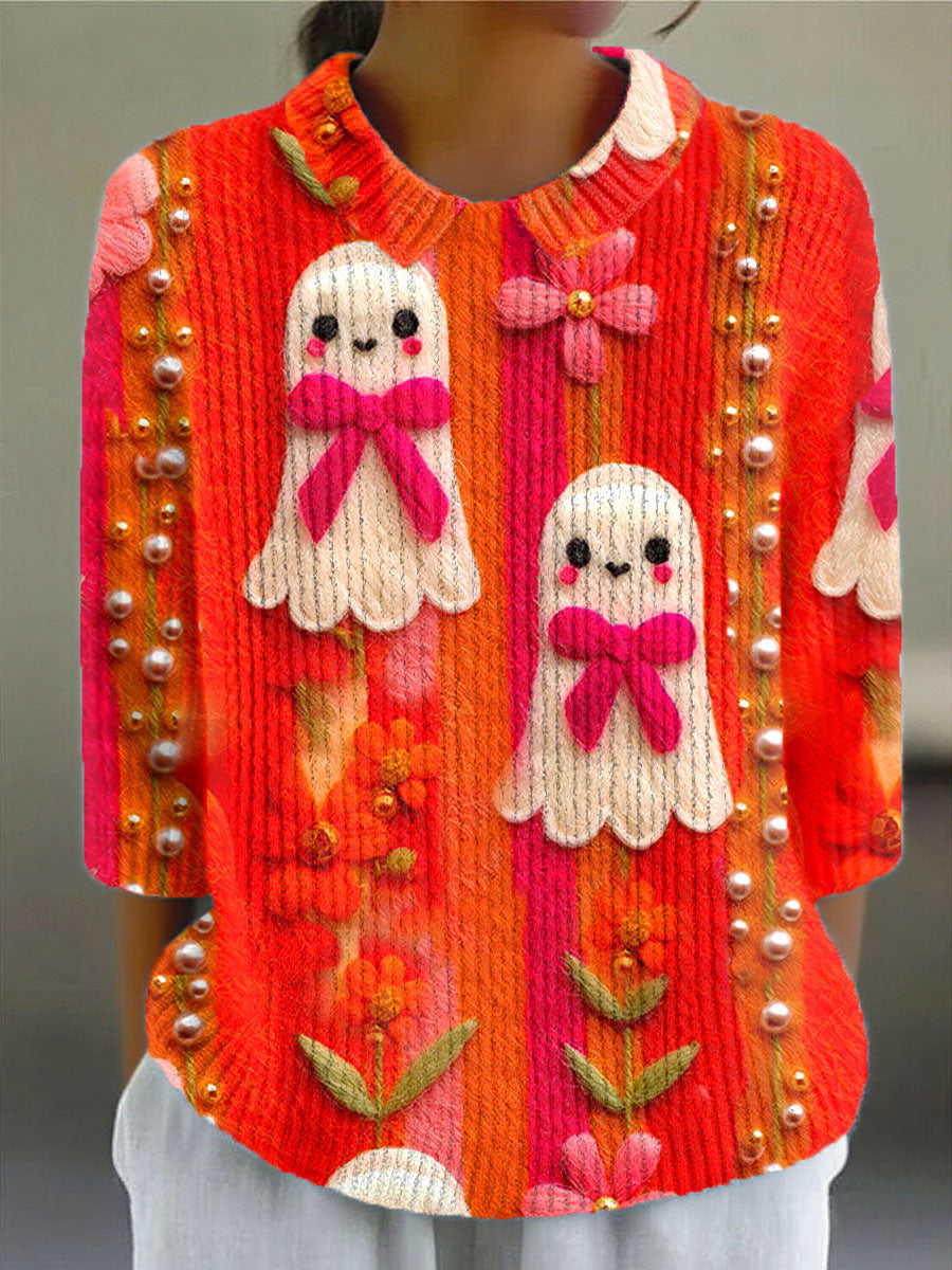 womens-vintage-ghost-art-print-casual-peter-pan-collar-3-4-sleeve-sweater