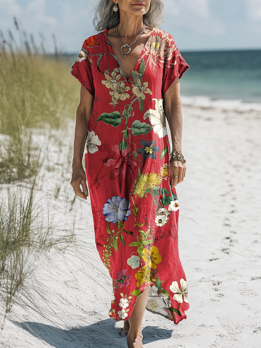 Women's Vintage Lovely Floral Art Print Pocket Cotton Dress