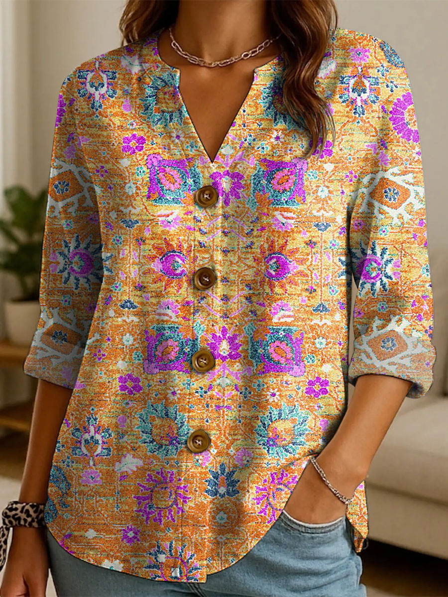 Women's Retro Ethnic Pattern Print Casual Cotton And Linen Shirt