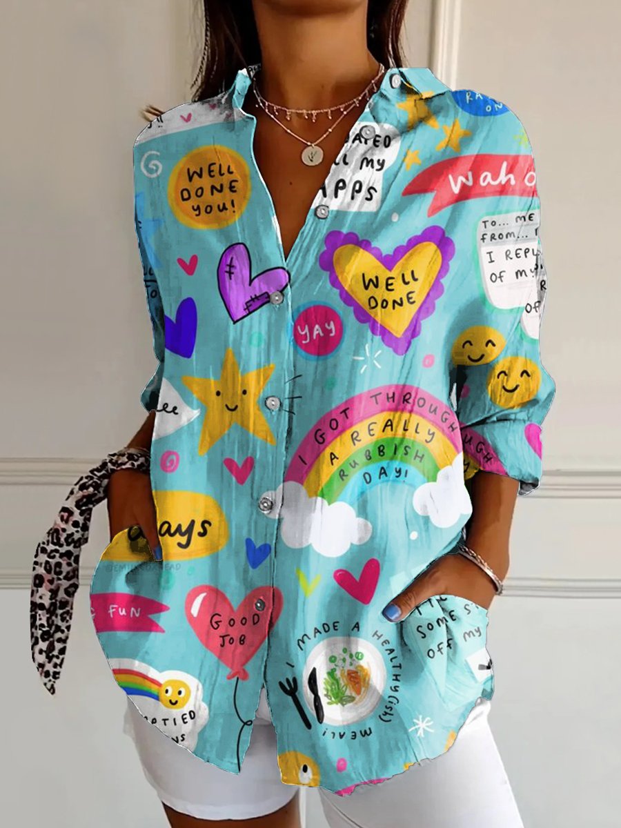 Women's Cartoon cute illustration Art Print Casual Cotton Shirt