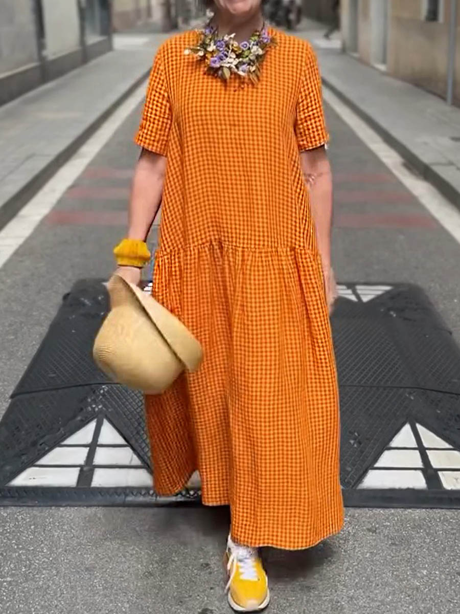 Women's Round Neck Short Sleeve Plaid Print Casual Cotton and Linen Dress