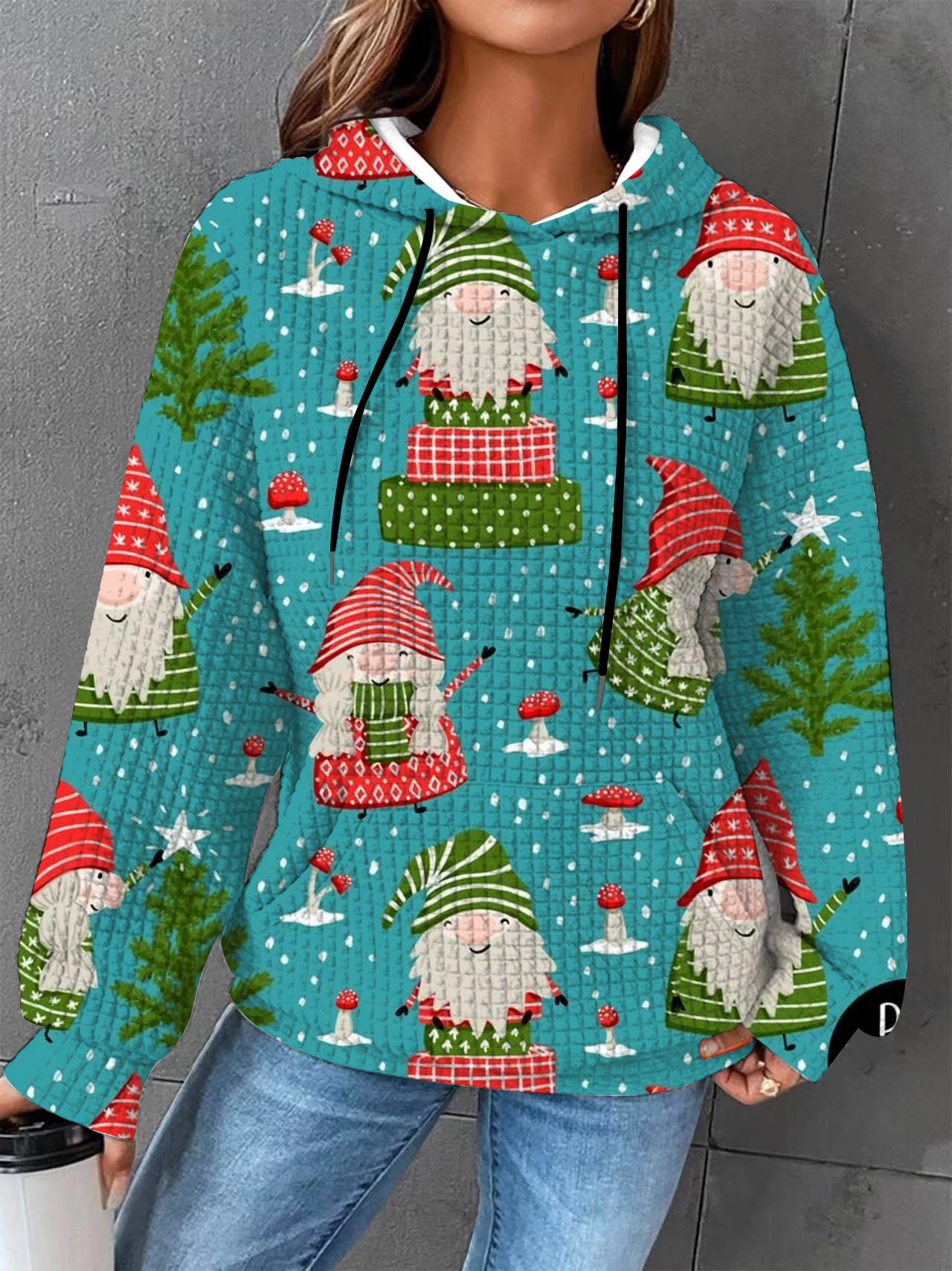 Plus size Autumn/Winter Women's Waffle  Essential Creative Printed Long Sleeve Hooded Sweatshirt