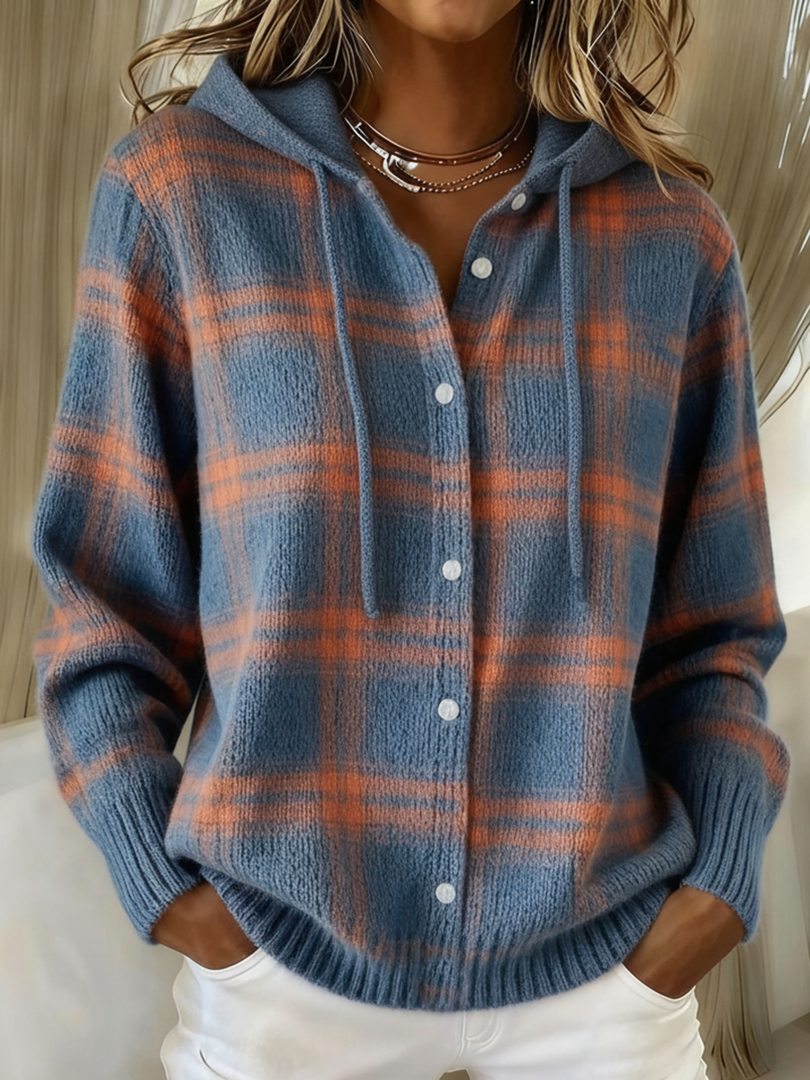 Vintage Soft Check Contrast Hooded Button Knit Cardigan