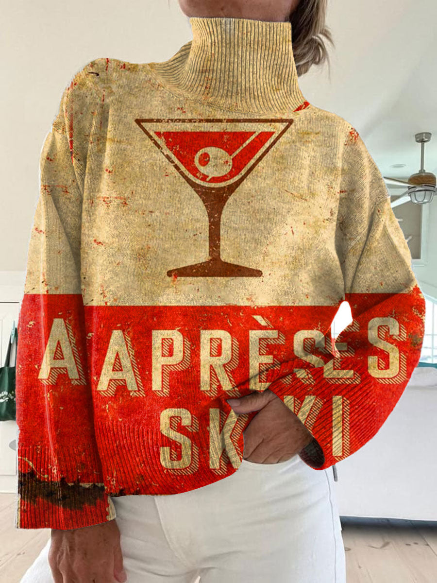 Vintage Apres Ski Art Print Knit Turtleneck Pullover Sweater