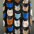 Women's Abstract Cat Pattern Print Casual Cotton And Linen 3/4 Sleeve Shirt
