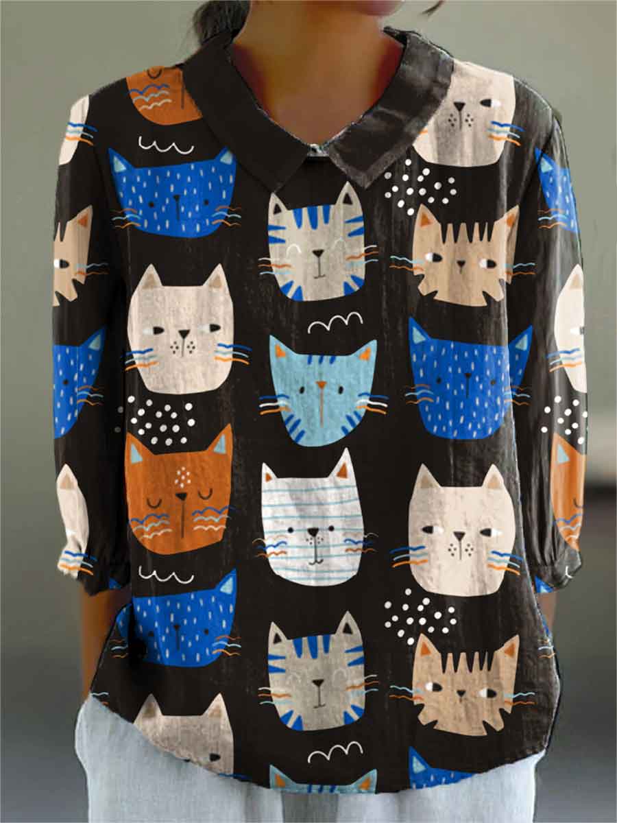 Women's Abstract Cat Pattern Print Casual Cotton And Linen 3/4 Sleeve Shirt