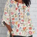 Women'S Pastoral Floral Art Print Cotton Linen Casual Mid-Sleeve T-Shirt