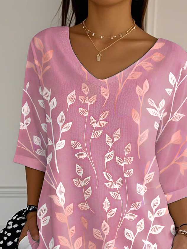 Casual Leaves Art Print V Neck 3/4 Length Sleeve T-shirt